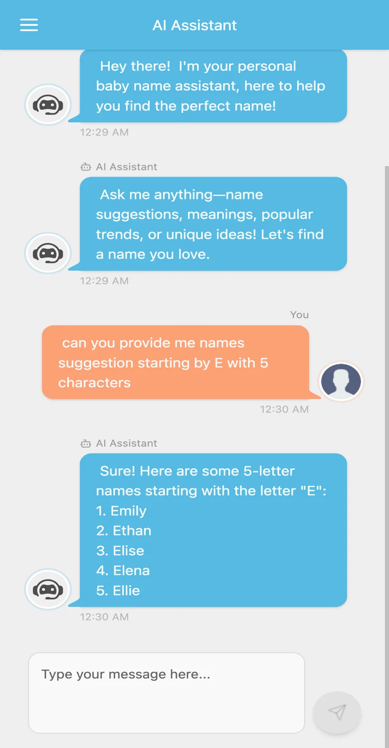 Saisie d'une demande à l'assistant IA pour des suggestions de prénoms