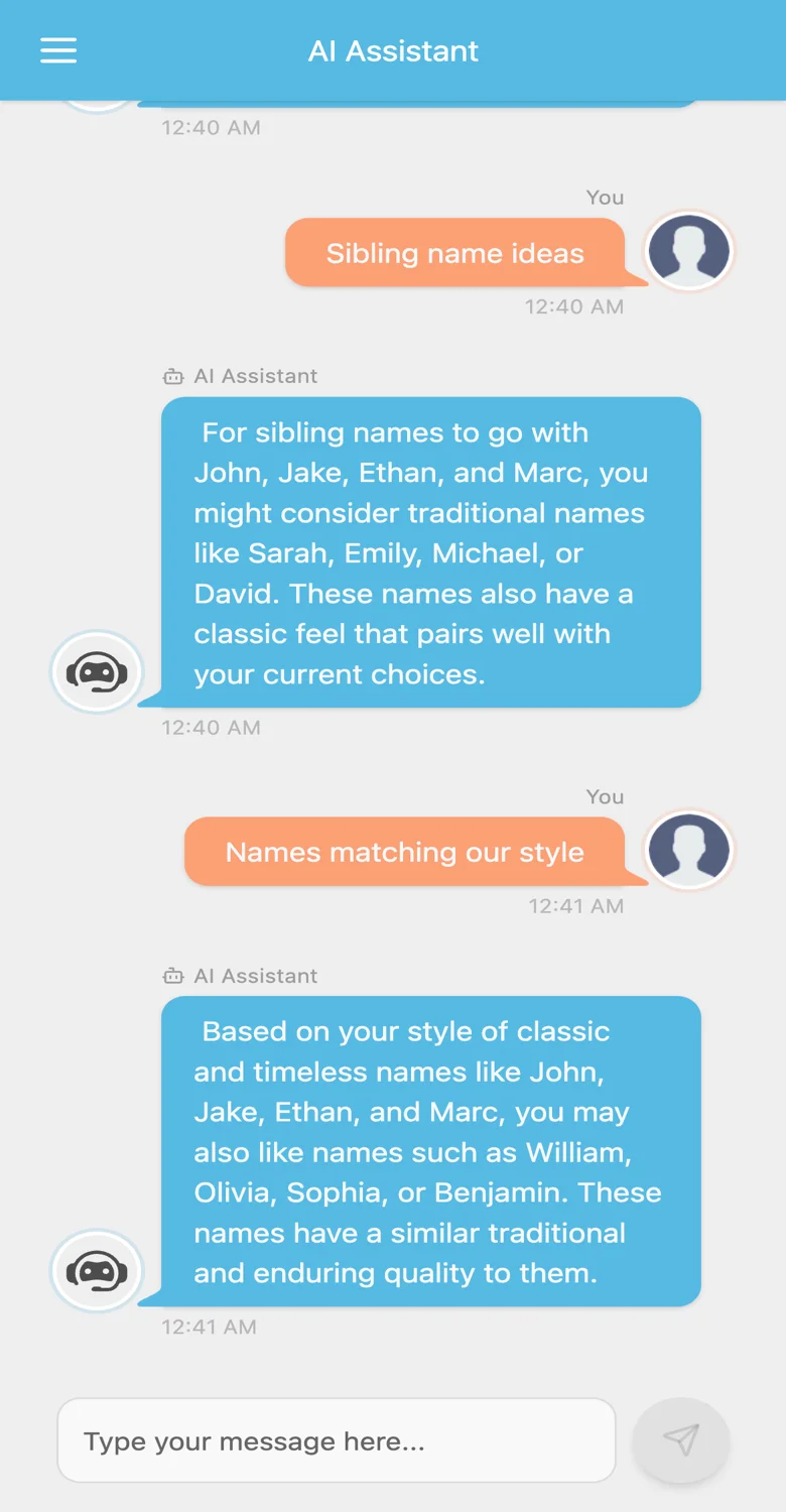 L'assistant IA affichant des suggestions de prénoms personnalisées avec explications