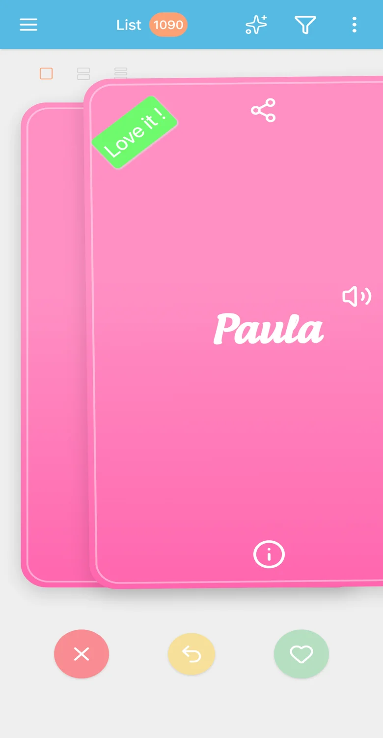 Swiper les cartes de prénoms dans l'application Baby Name Together