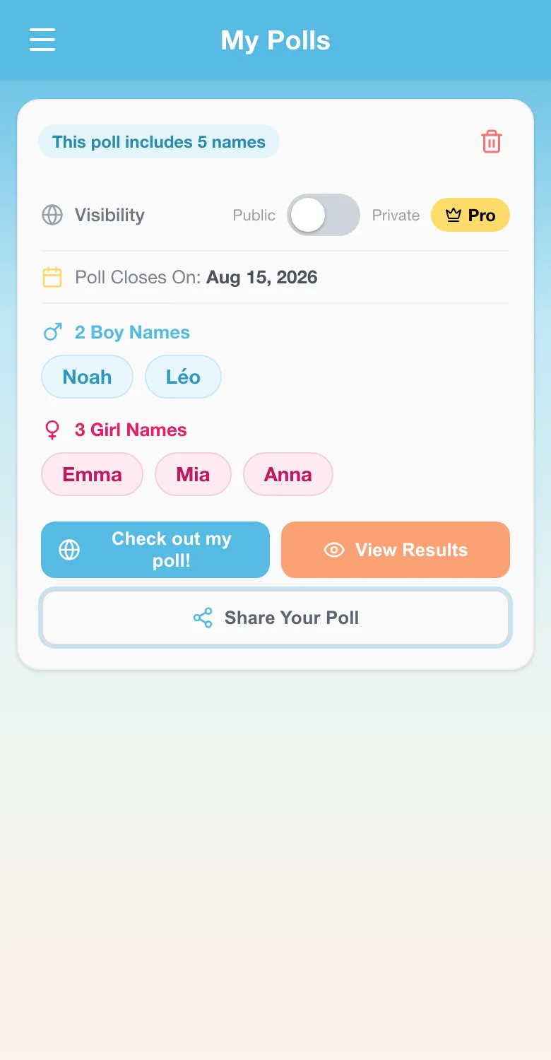 Partage d'un sondage de prénoms via l'application Prénom de Bébé à 2